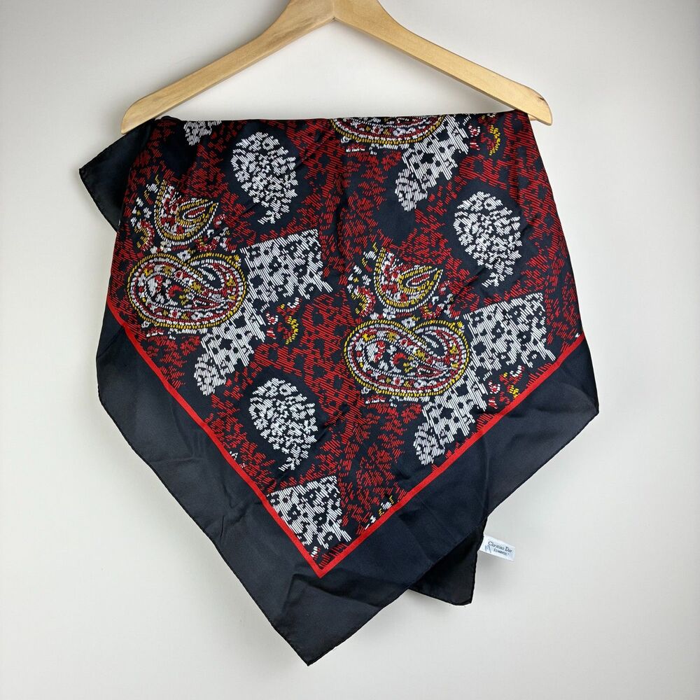 Vintage Christian Dior Silk Scarf Red & Black Paisley Houndstooth Square Scarf